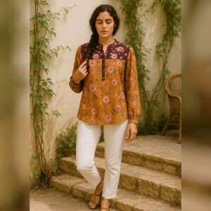 NWT LOFT Floral Print Peasant Blouse L | Burnt Sienna & Plum Fall Boho Romantic